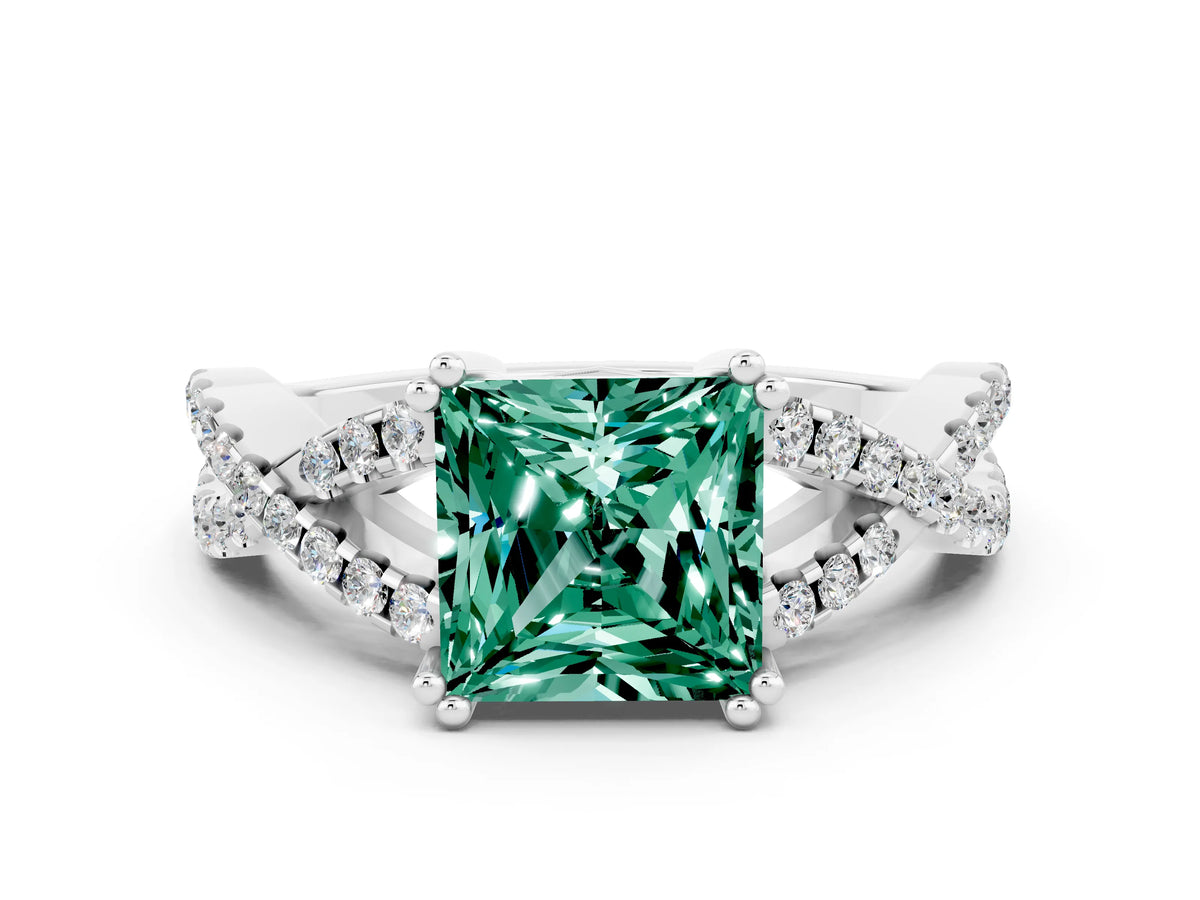 Princess Cut Green Sapphire Solitaire Ring in White gold with Interwoven Pavé Band and Prong Setting