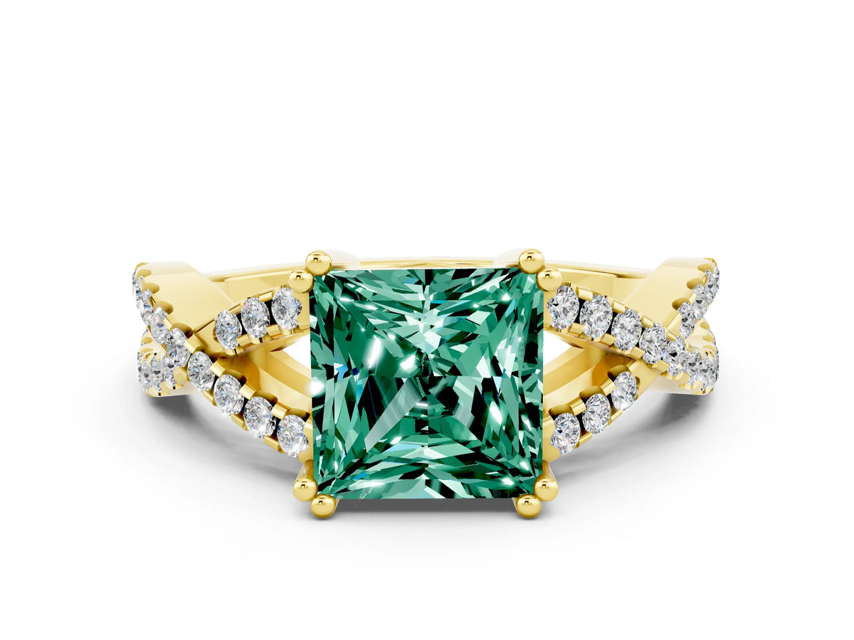 Princess Cut Green Sapphire Solitaire Ring in Yellow gold with Interwoven Pavé Band and Prong Setting