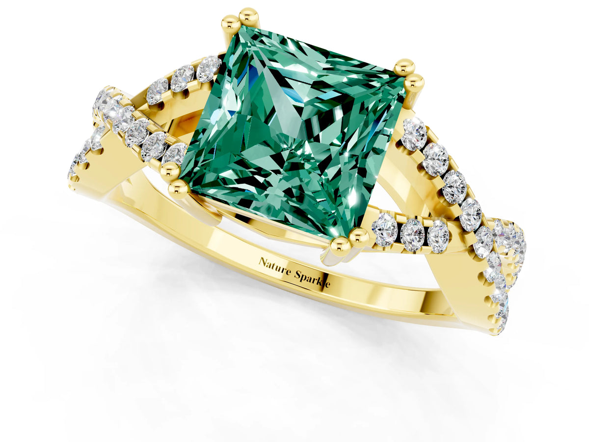Princess Cut Green Sapphire Solitaire Ring in Yellow gold with Interwoven Pavé Band and Prong Setting_1