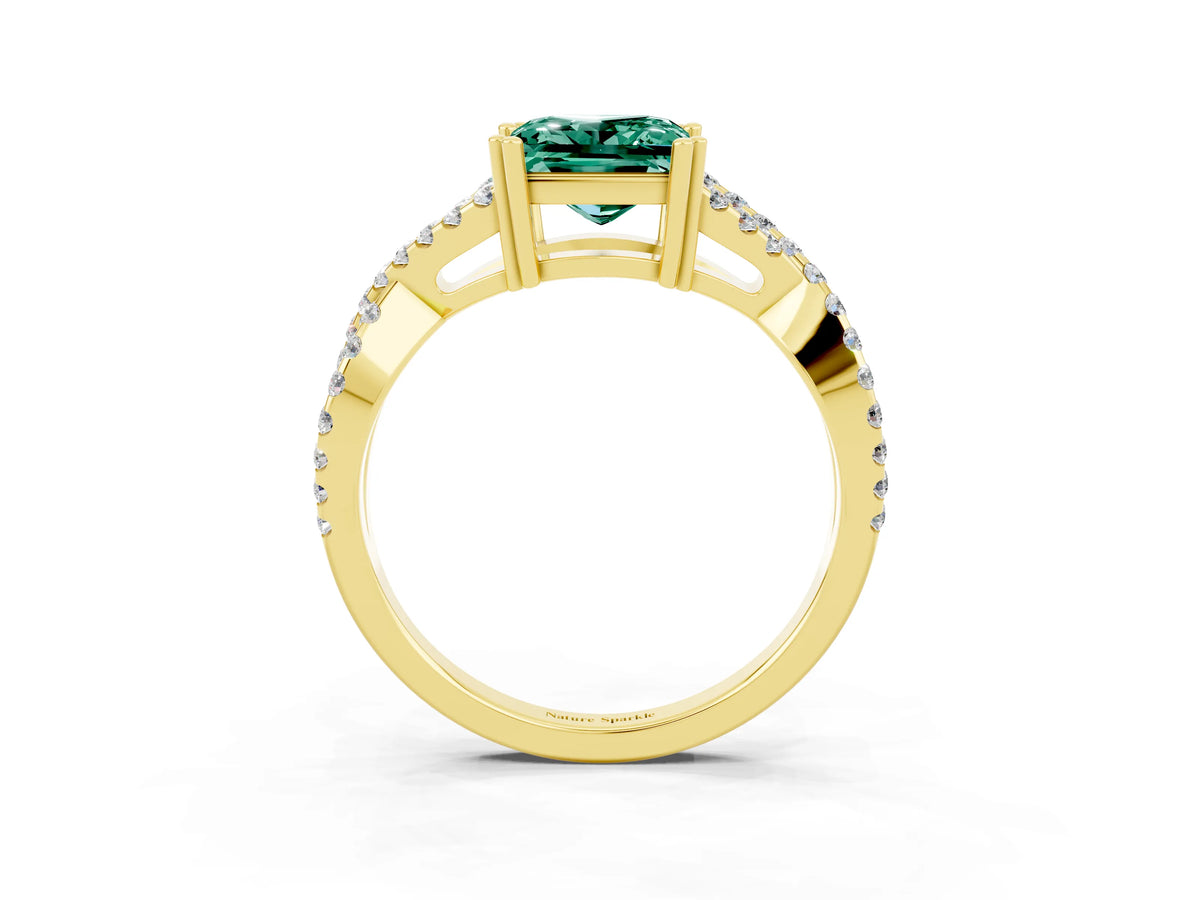 Princess Cut Green Sapphire Solitaire Ring in Yellow gold with Interwoven Pavé Band and Prong Setting_3
