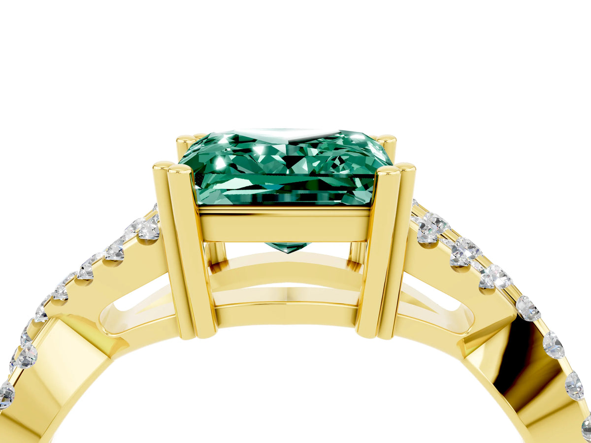Princess Cut Green Sapphire Solitaire Ring in Yellow gold with Interwoven Pavé Band and Prong Setting_4
