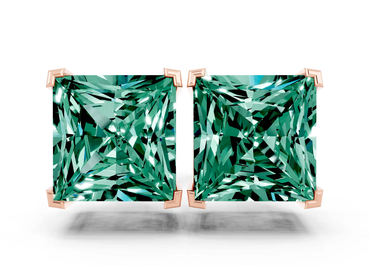 Princess Cut Green Sapphire Stud Earrings in Rose gold with Basket Setting