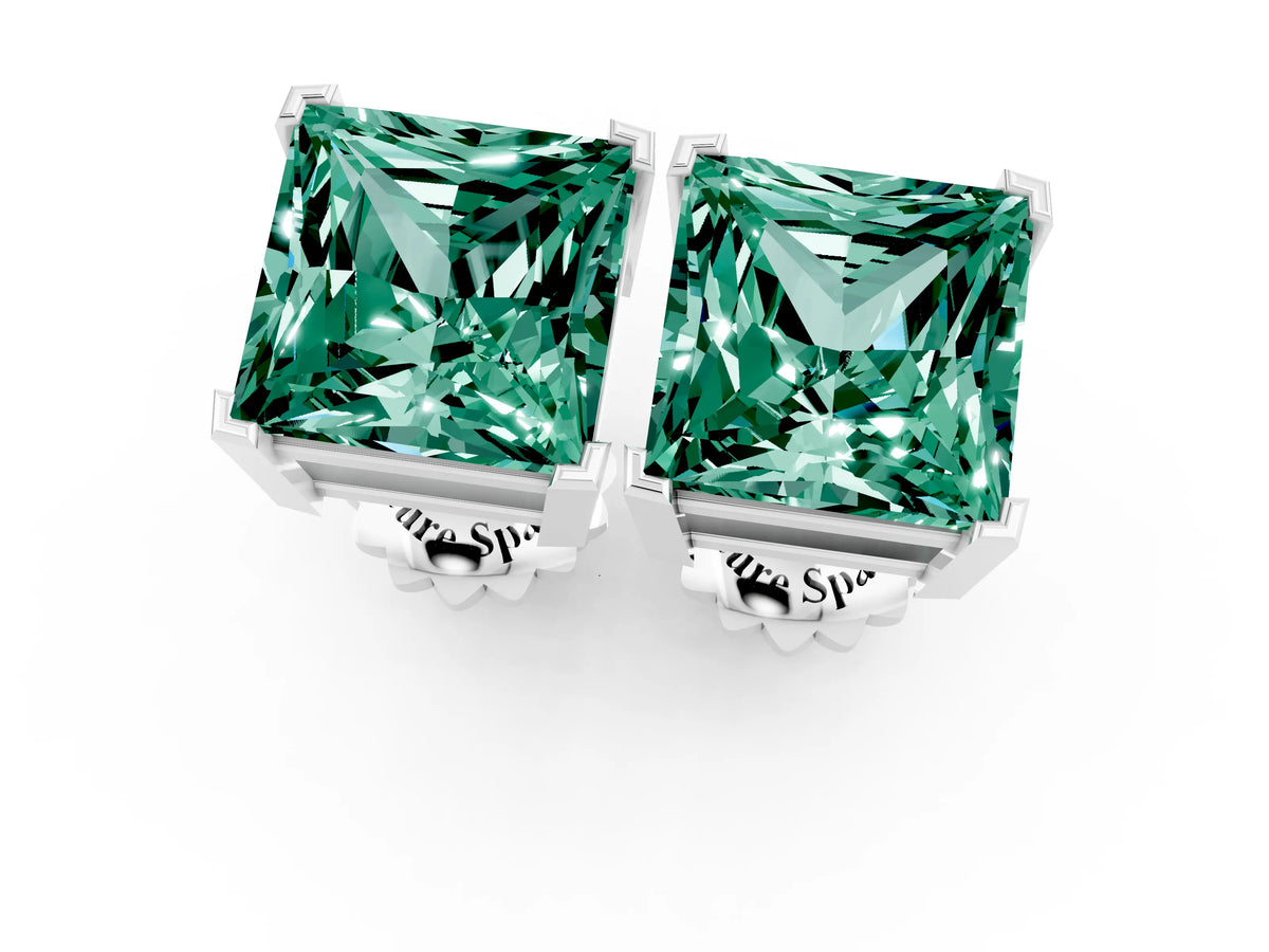 Princess Cut Green Sapphire Stud Earrings in White gold with Basket Setting_1