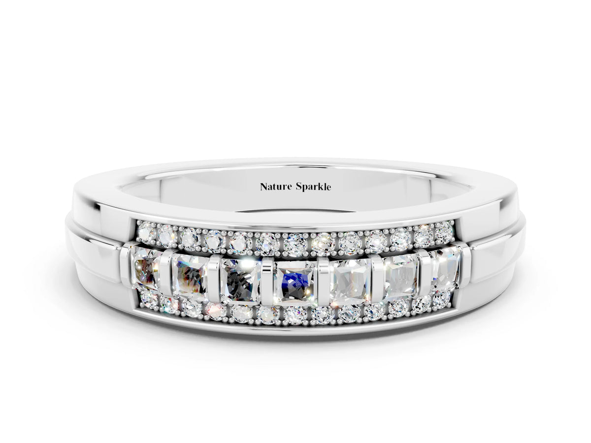 Princess Cut Moissanite Bar-Set Pavé Band in Platinum with Grooved Edge Detailing