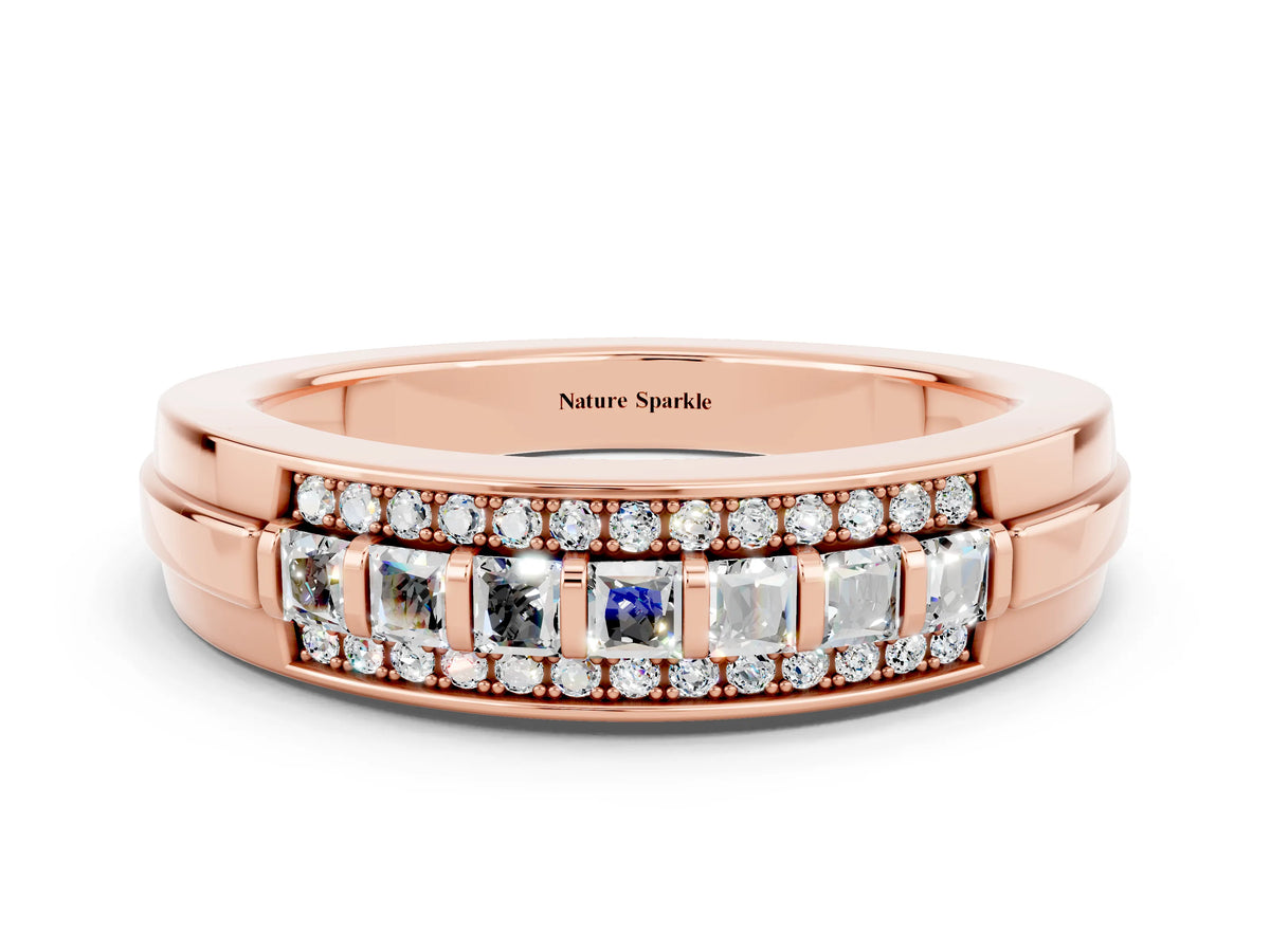 Princess Cut Moissanite Bar-Set Pavé Band in Rose gold with Grooved Edge Detailing