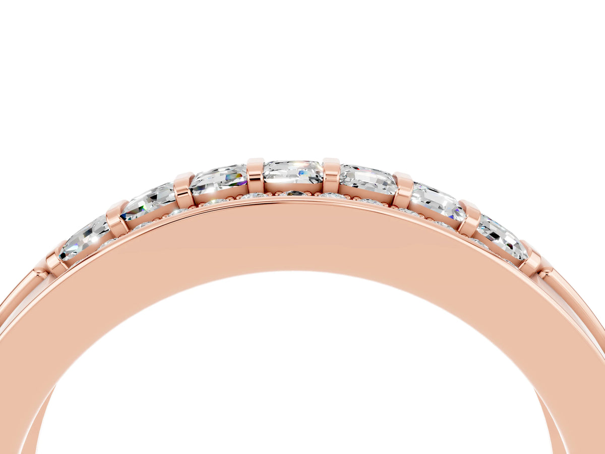 Princess Cut Moissanite Bar-Set Pavé Band in Rose gold with Grooved Edge Detailing_4