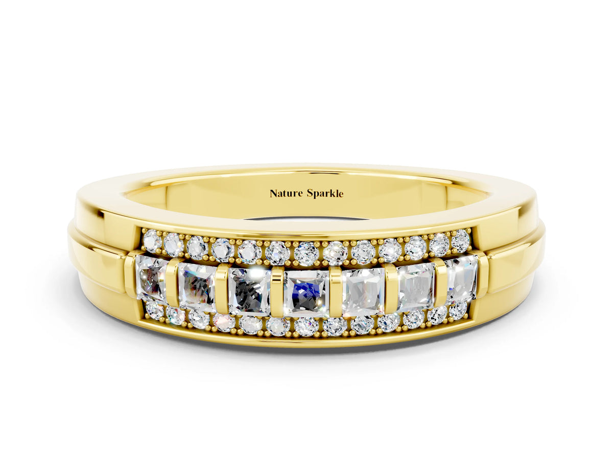 Princess Cut Moissanite Bar-Set Pavé Band in Yellow gold with Grooved Edge Detailing