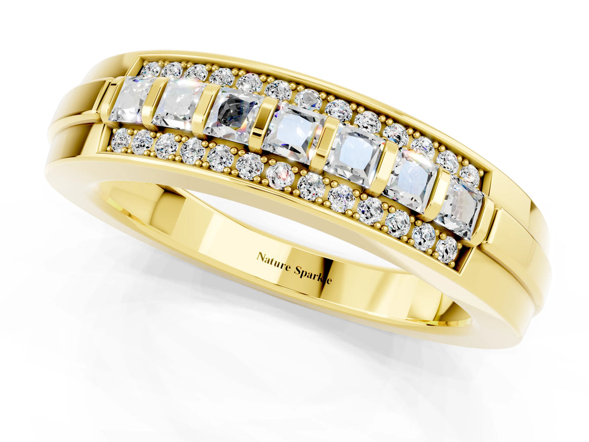 Princess Cut Moissanite Bar-Set Pavé Band in Yellow gold with Grooved Edge Detailing_1