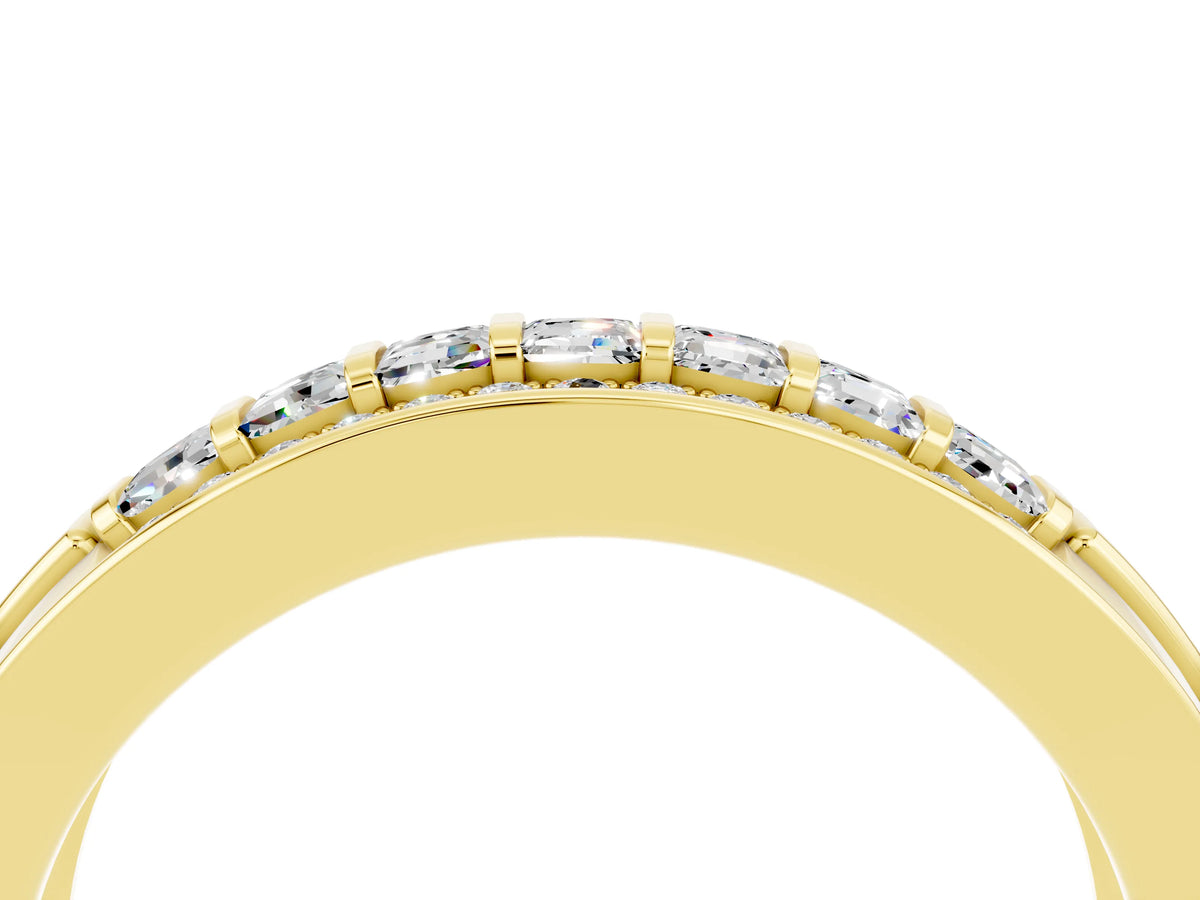 Princess Cut Moissanite Bar-Set Pavé Band in Yellow gold with Grooved Edge Detailing_4