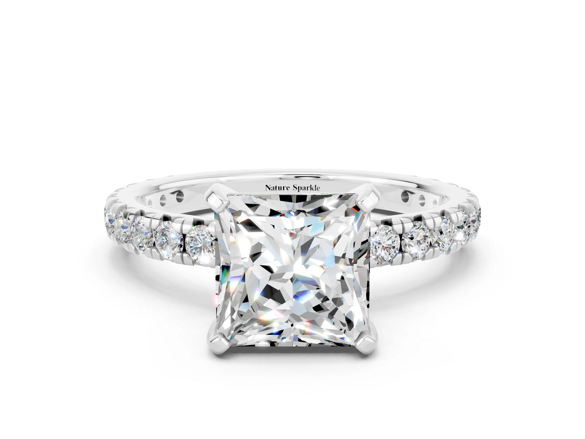 Princess Cut Moissanite Pavé Solitaire Ring in Platinum with Round Pavé Band and Prong Setting