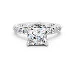 Princess Cut Moissanite Pavé Solitaire Ring in Silver with Round Pavé Band and Prong Setting