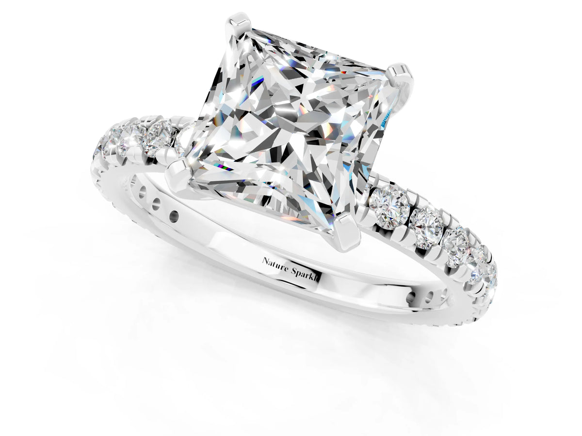 Princess Cut Moissanite Pavé Solitaire Ring in Silver with Round Pavé Band and Prong Setting_1