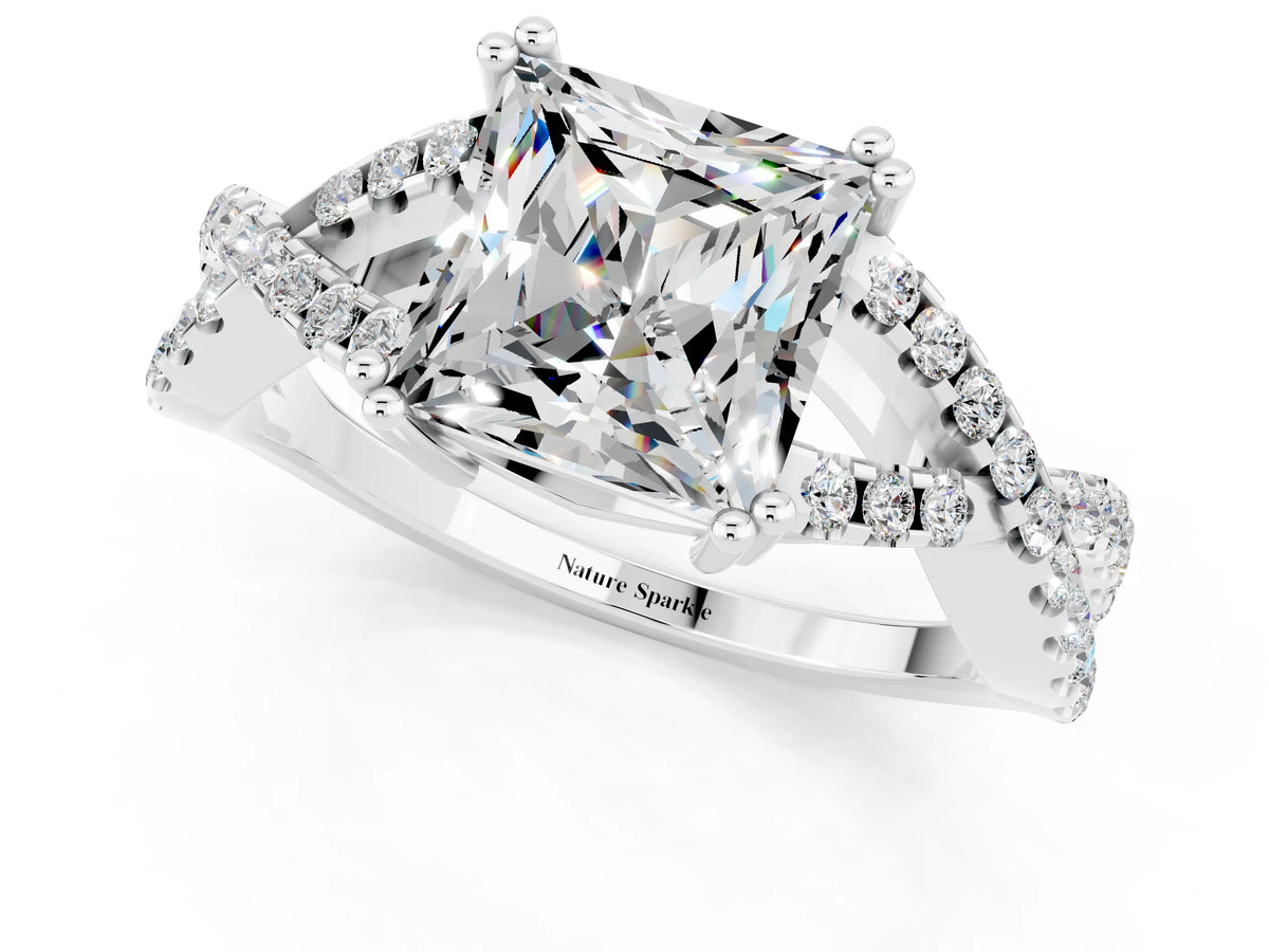 Princess Cut Moissanite Solitaire Ring in Platinum with Interwoven Pavé Band and Prong Setting_7