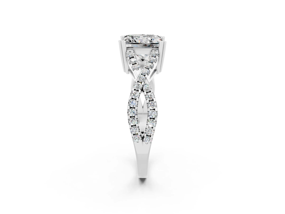 Princess Cut Moissanite Solitaire Ring in Platinum with Interwoven Pavé Band and Prong Setting_8