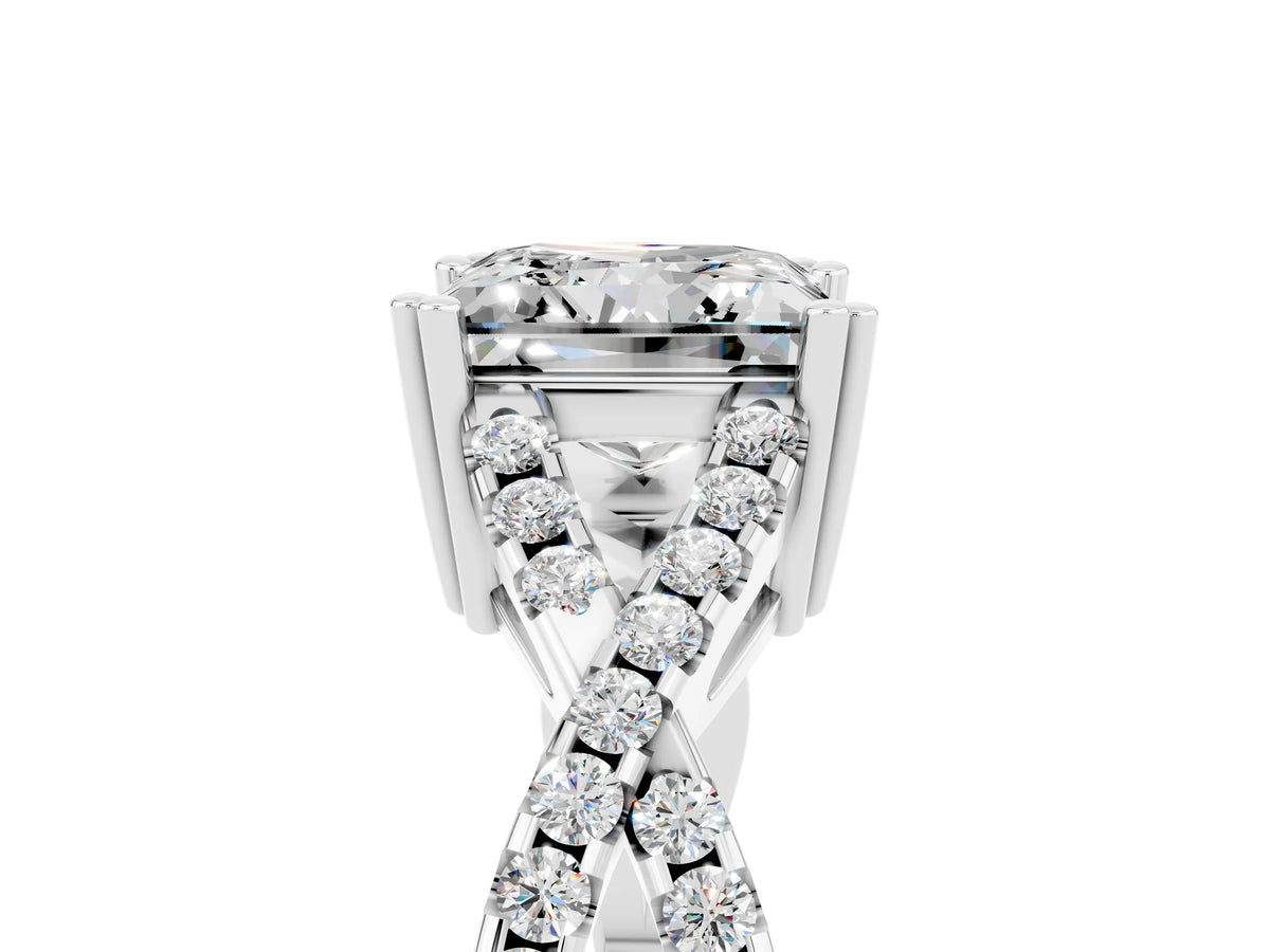 Princess Cut Moissanite Solitaire Ring in Silver with Interwoven Pavé Band and Prong Setting_11