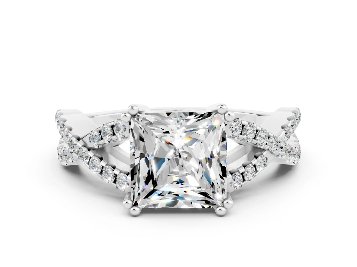 Princess Cut Moissanite Solitaire Ring in White gold with Interwoven Pavé Band and Prong Setting