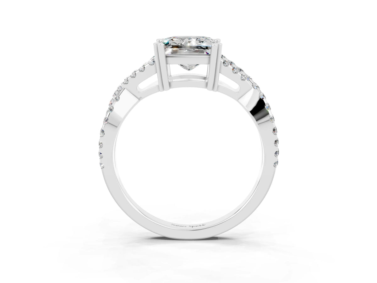 Princess Cut Moissanite Solitaire Ring in White gold with Interwoven Pavé Band and Prong Setting_3