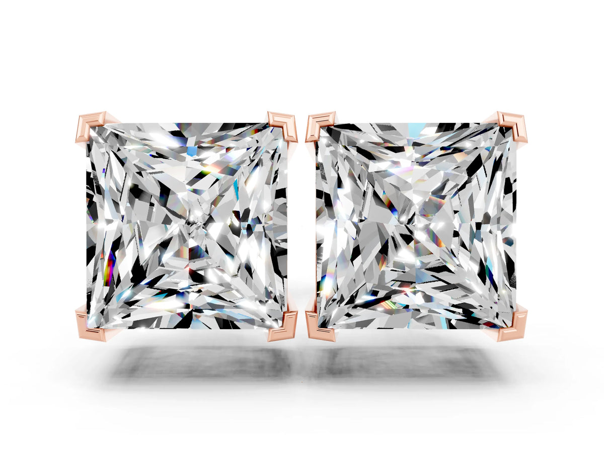 Princess Cut Moissanite Stud Earrings in Rose gold with Basket Setting