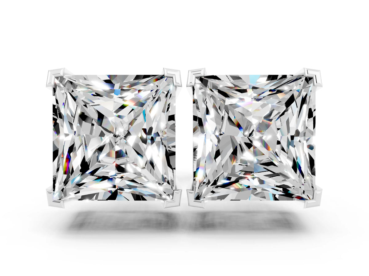 Princess Cut Moissanite Stud Earrings in White gold with Basket Setting