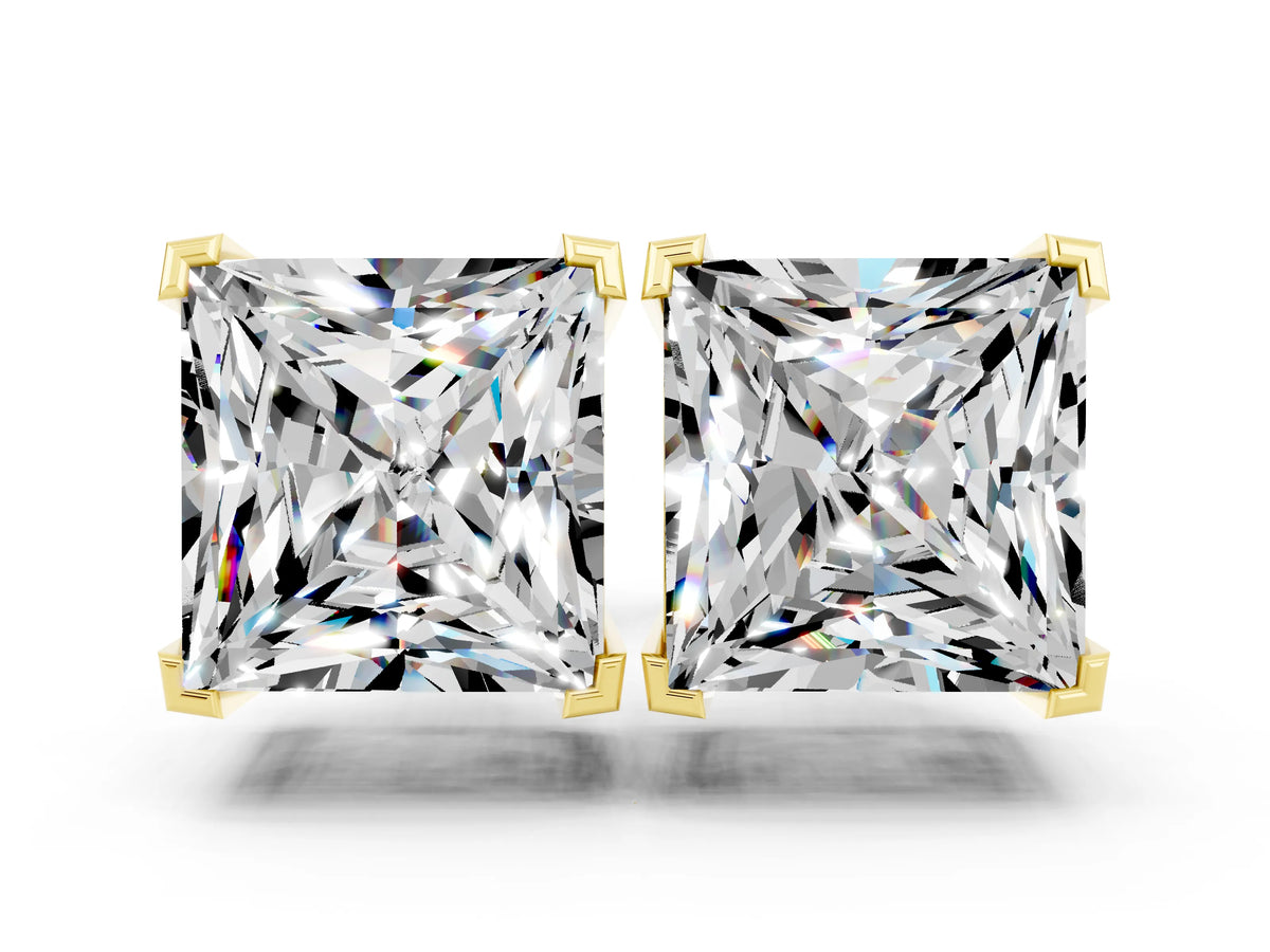 Princess Cut Moissanite Stud Earrings in Yellow gold with Basket Setting
