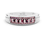 Princess Cut Morganite Bar-Set Pavé Band in Platinum with Grooved Edge Detailing