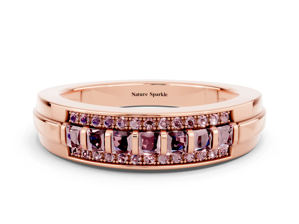 Princess Cut Morganite Bar-Set Pavé Band in Rose gold with Grooved Edge Detailing