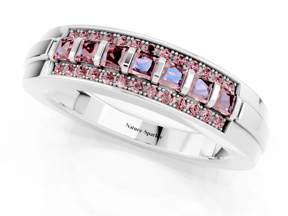 Princess Cut Morganite Bar-Set Pavé Band in Silver with Grooved Edge Detailing_1