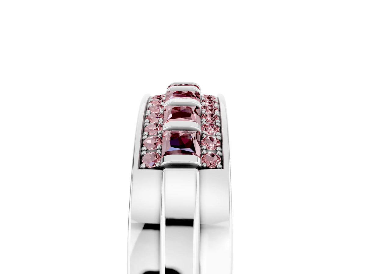 Princess Cut Morganite Bar-Set Pavé Band in Silver with Grooved Edge Detailing_5
