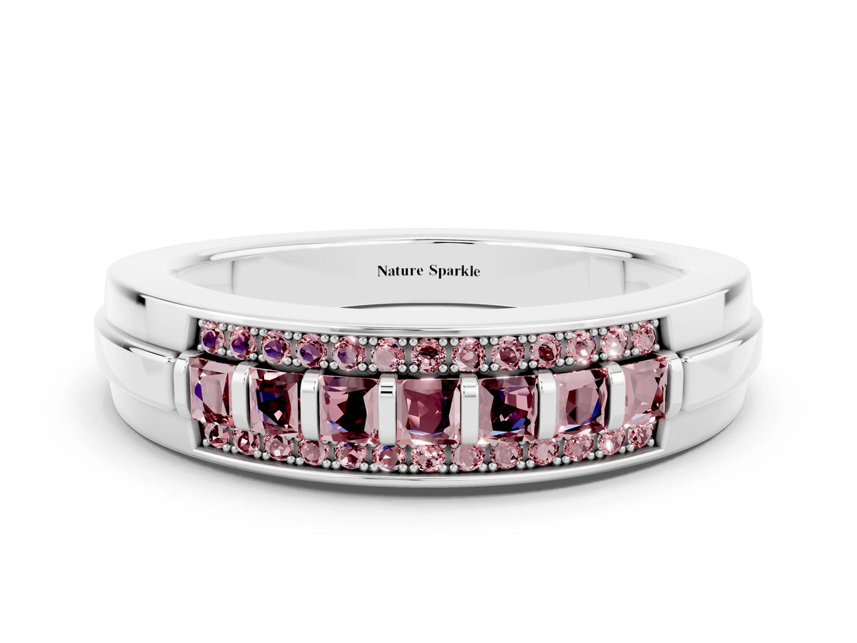 Princess Cut Morganite Bar-Set Pavé Band in White gold with Grooved Edge Detailing