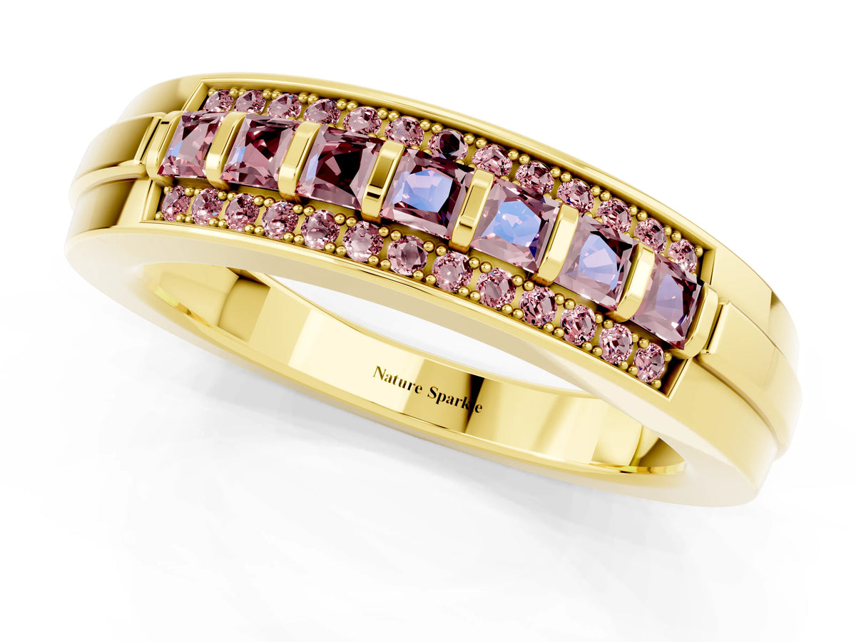 Princess Cut Morganite Bar-Set Pavé Band in Yellow gold with Grooved Edge Detailing_1