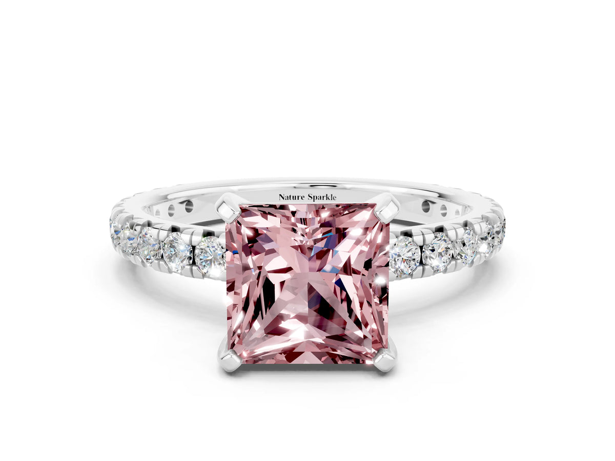 Princess Cut Morganite Pavé Solitaire Ring in White gold with Round Pavé Band and Prong Setting