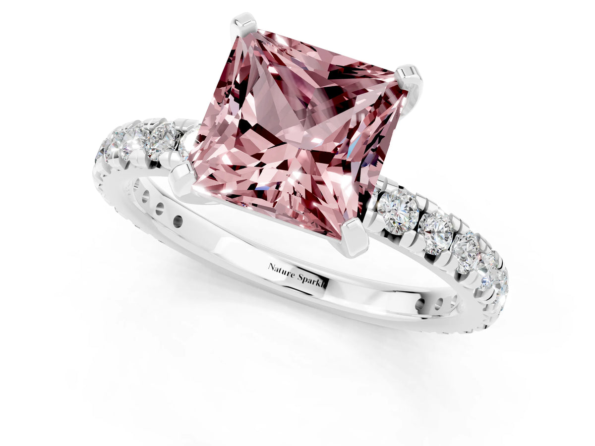 Princess Cut Morganite Pavé Solitaire Ring in White gold with Round Pavé Band and Prong Setting_1
