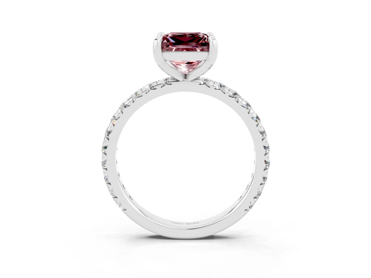 Princess Cut Morganite Pavé Solitaire Ring in White gold with Round Pavé Band and Prong Setting_3