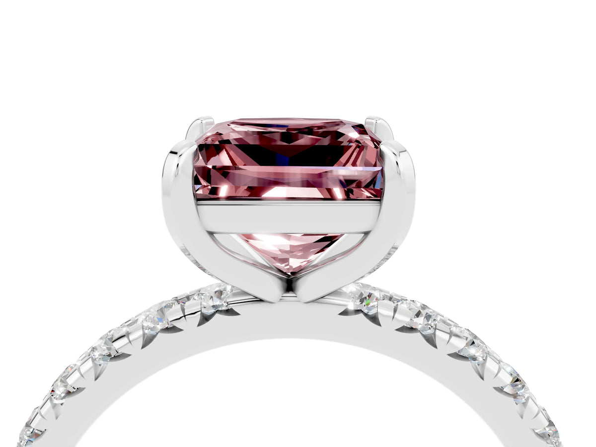 Princess Cut Morganite Pavé Solitaire Ring in White gold with Round Pavé Band and Prong Setting_4