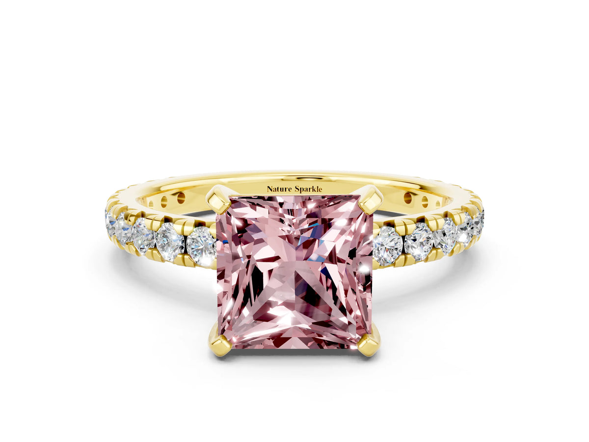 Princess Cut Morganite Pavé Solitaire Ring in Yellow gold with Round Pavé Band and Prong Setting