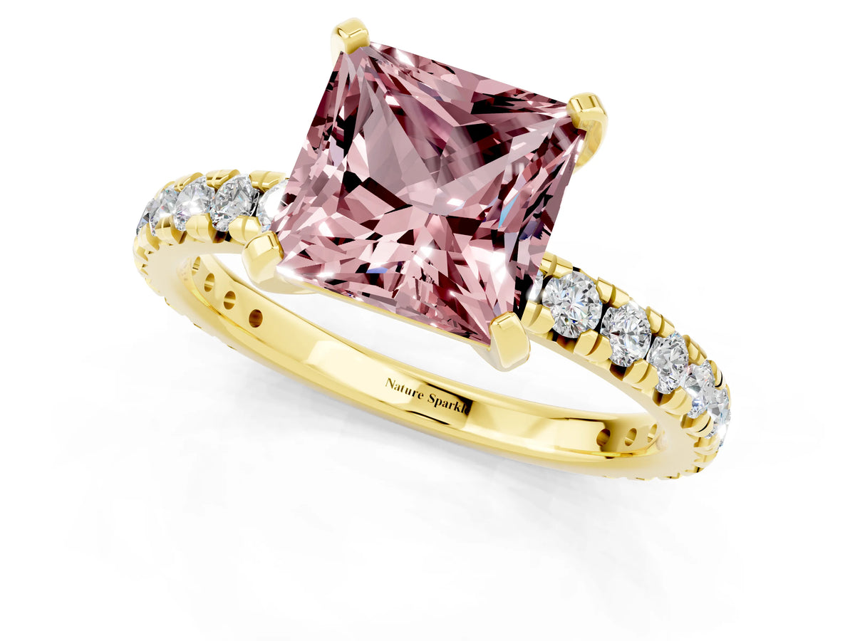 Princess Cut Morganite Pavé Solitaire Ring in Yellow gold with Round Pavé Band and Prong Setting_1