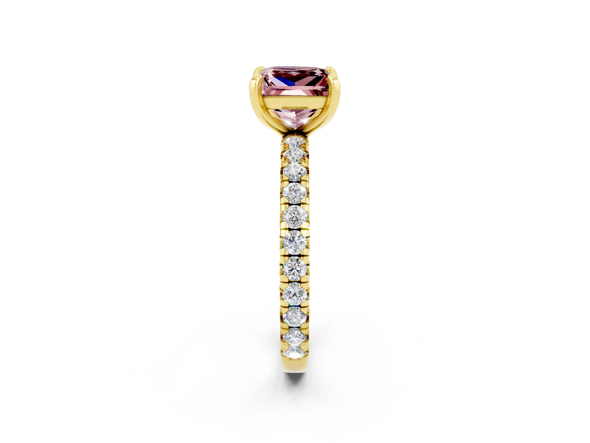 Princess Cut Morganite Pavé Solitaire Ring in Yellow gold with Round Pavé Band and Prong Setting_2