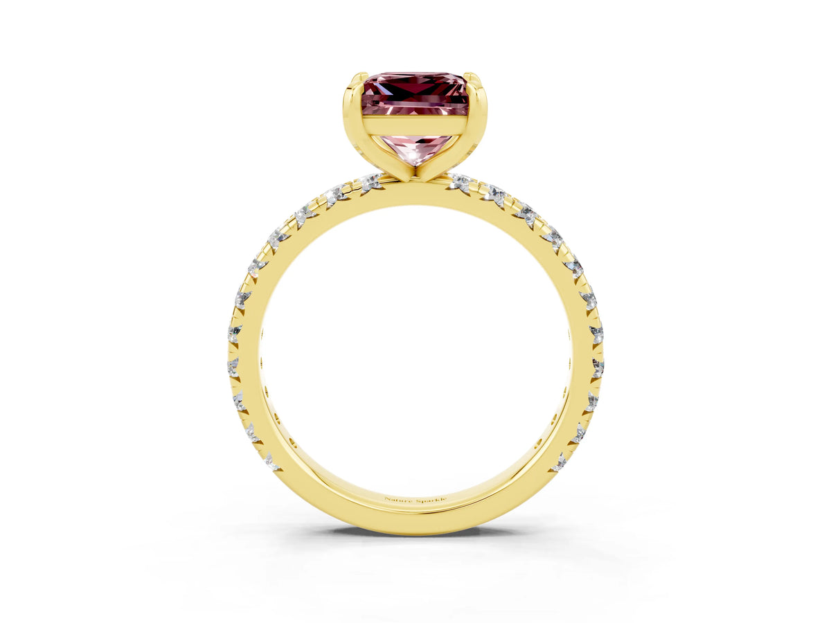Princess Cut Morganite Pavé Solitaire Ring in Yellow gold with Round Pavé Band and Prong Setting_3
