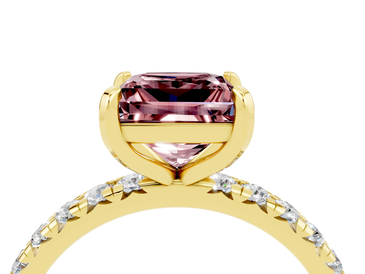 Princess Cut Morganite Pavé Solitaire Ring in Yellow gold with Round Pavé Band and Prong Setting_4
