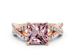 Princess Cut Morganite Solitaire Ring in Rose gold with Interwoven Pavé Band and Prong Setting