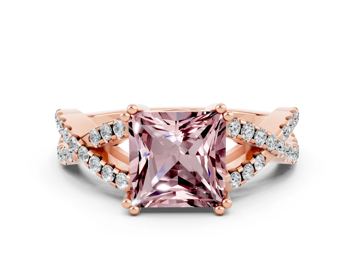 Princess Cut Morganite Solitaire Ring in Rose gold with Interwoven Pavé Band and Prong Setting