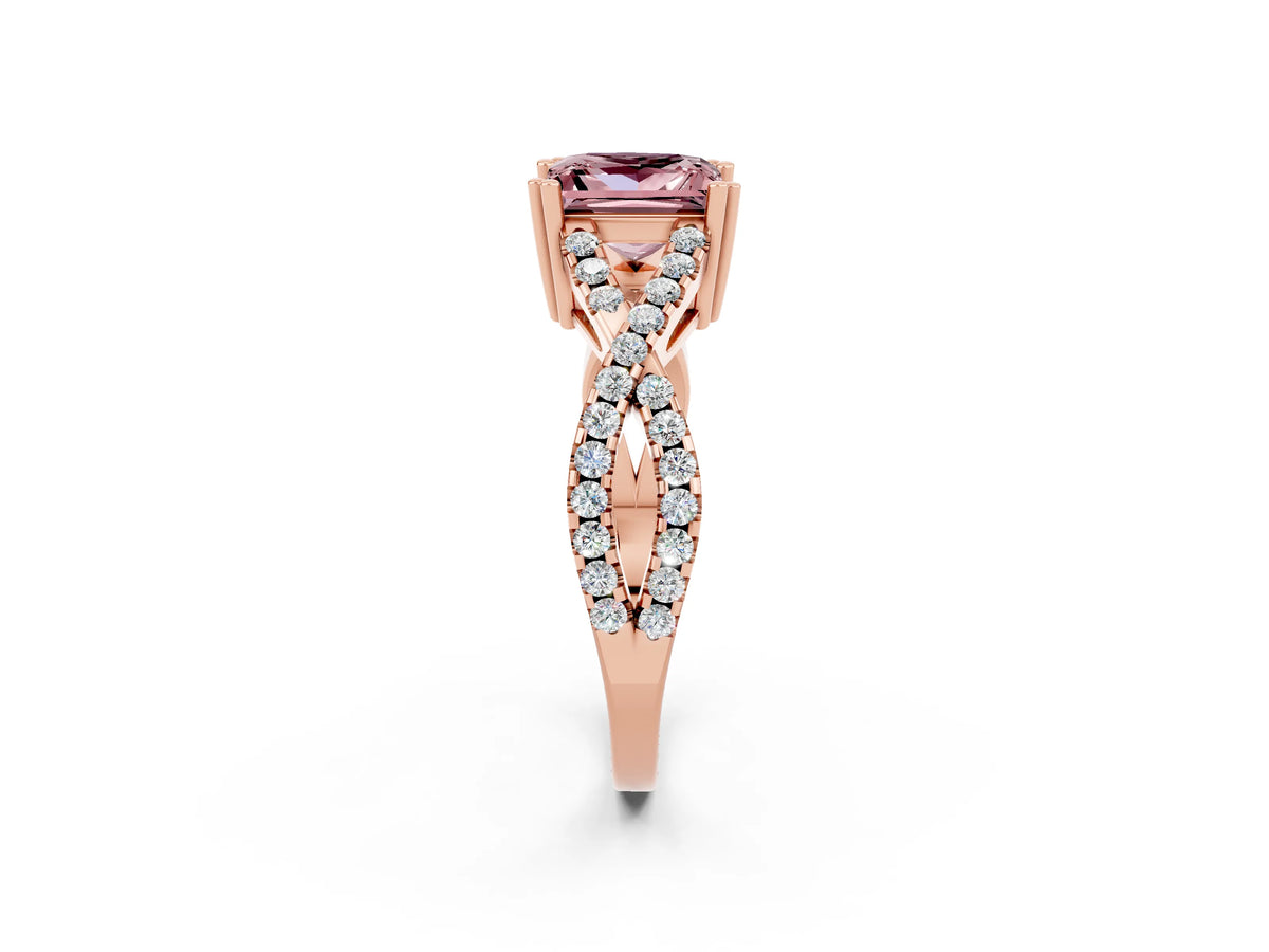 Princess Cut Morganite Solitaire Ring in Rose gold with Interwoven Pavé Band and Prong Setting_2