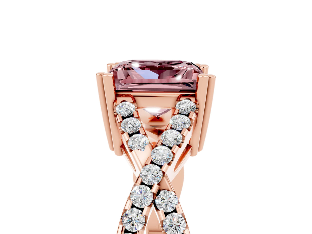Princess Cut Morganite Solitaire Ring in Rose gold with Interwoven Pavé Band and Prong Setting_5