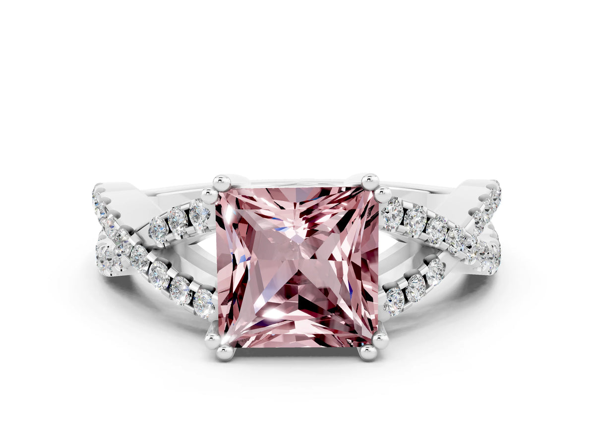 Princess Cut Morganite Solitaire Ring in Silver with Interwoven Pavé Band and Prong Setting_6