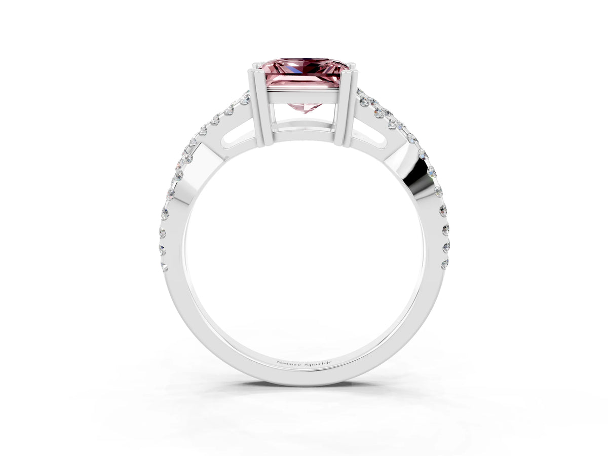 Princess Cut Morganite Solitaire Ring in Silver with Interwoven Pavé Band and Prong Setting_9
