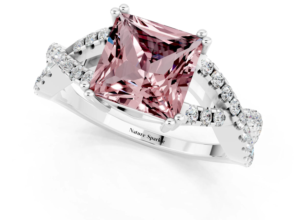 Princess Cut Morganite Solitaire Ring in White gold with Interwoven Pavé Band and Prong Setting_1