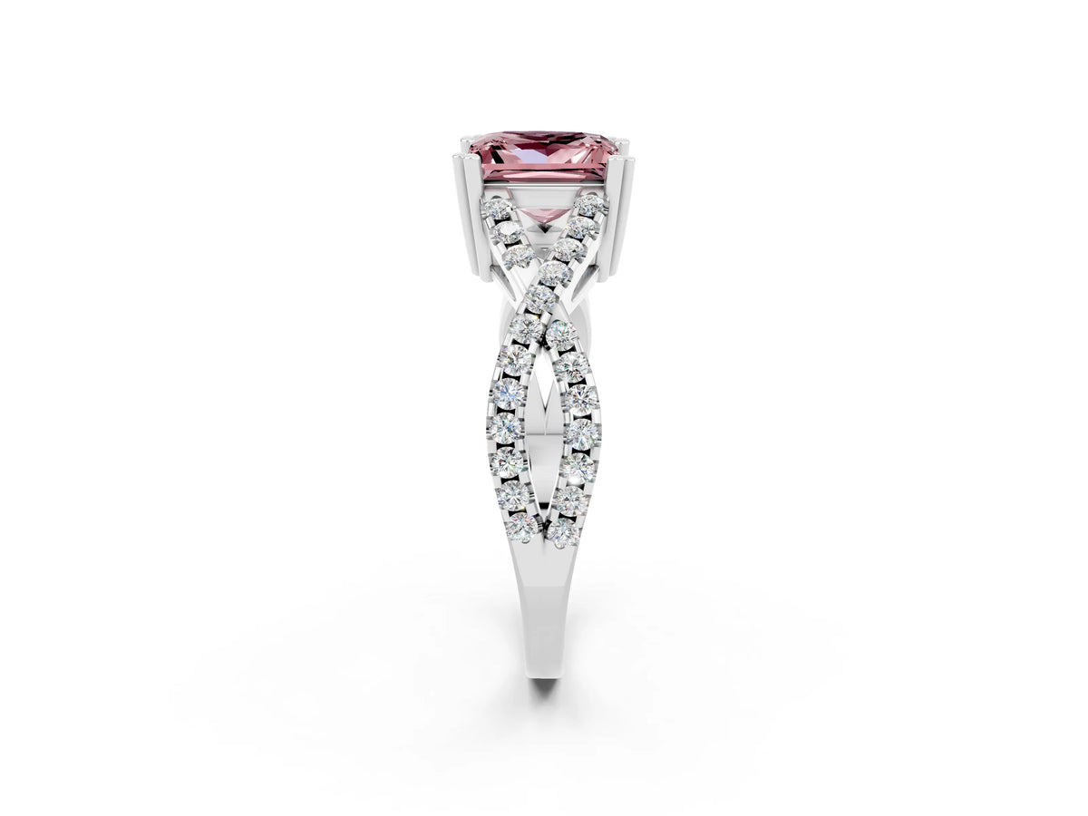 Princess Cut Morganite Solitaire Ring in White gold with Interwoven Pavé Band and Prong Setting_2