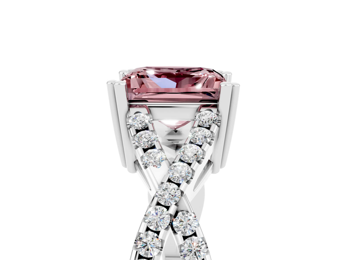 Princess Cut Morganite Solitaire Ring in White gold with Interwoven Pavé Band and Prong Setting_5