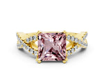 Princess Cut Morganite Solitaire Ring in Yellow gold with Interwoven Pavé Band and Prong Setting