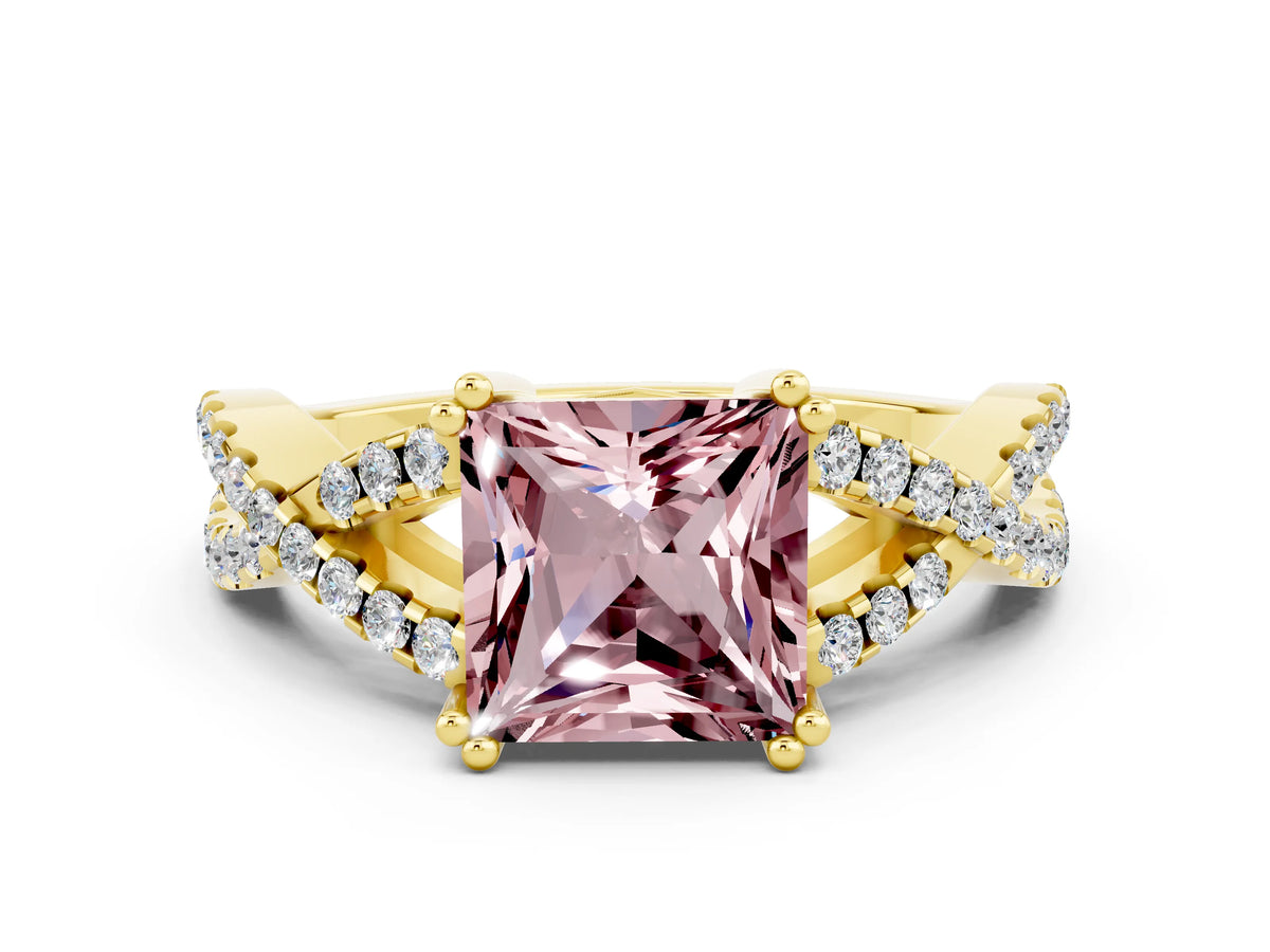 Princess Cut Morganite Solitaire Ring in Yellow gold with Interwoven Pavé Band and Prong Setting
